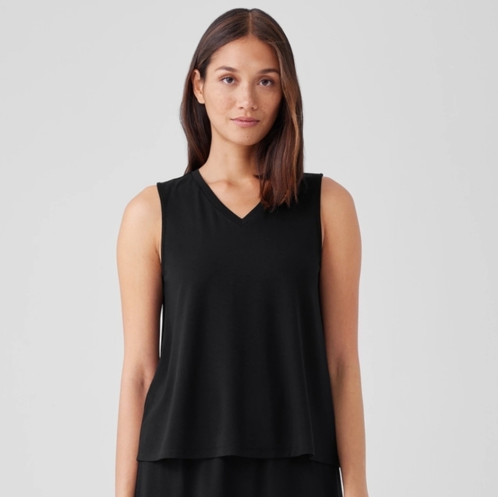 Eileen Fisher Stretch Jersey Knit V-Neck Tank Tencel Lyocell Black Size Medium